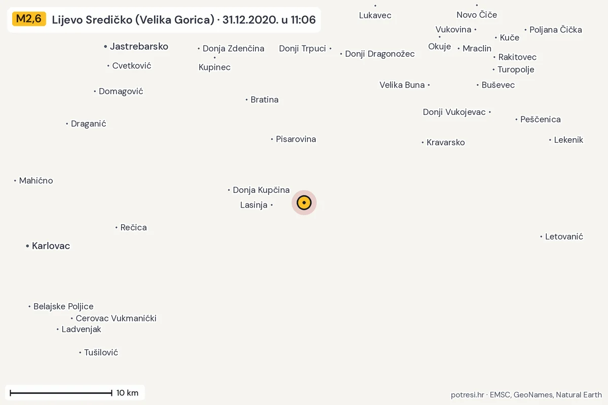 Karta: okolica epicentra, 60 km, potres M2,6, Lijevo Sredičko (Velika Gorica), 31.12.2020.