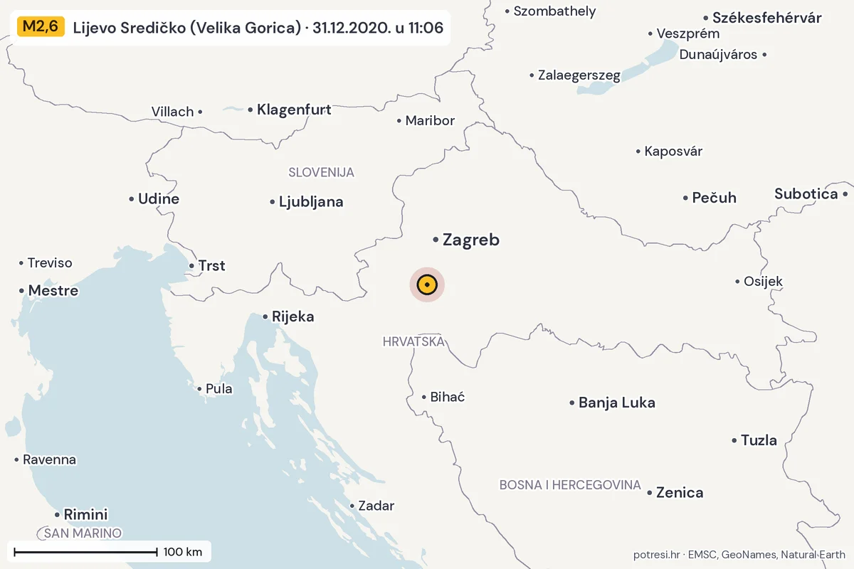 Karta: šire područje, 600 km, potres M2,6, Lijevo Sredičko (Velika Gorica), 31.12.2020.