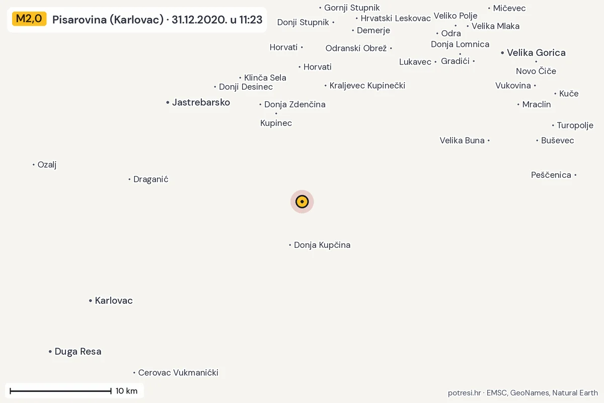 Karta: okolica epicentra, 60 km, potres M2,0, Pisarovina (Karlovac), 31.12.2020.