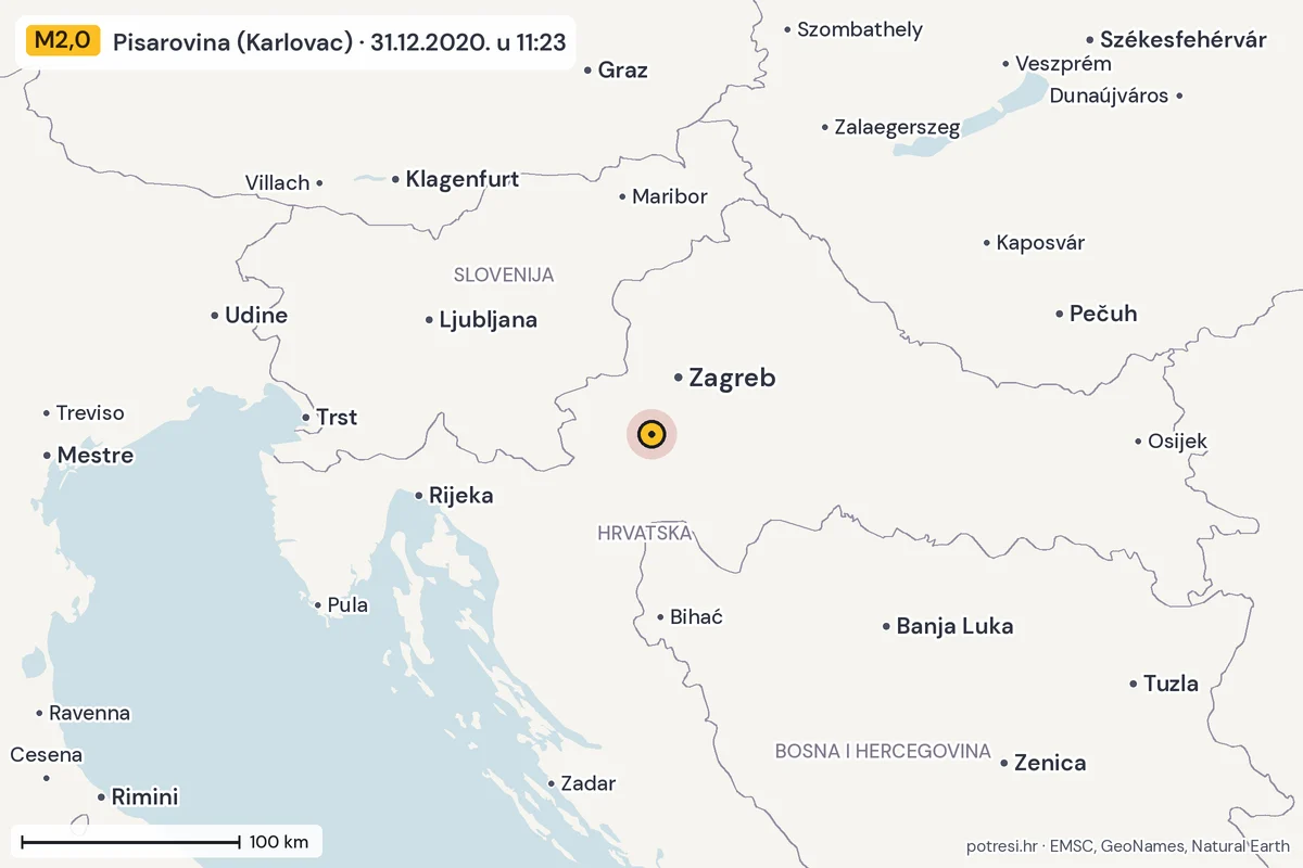 Karta: šire područje, 600 km, potres M2,0, Pisarovina (Karlovac), 31.12.2020.