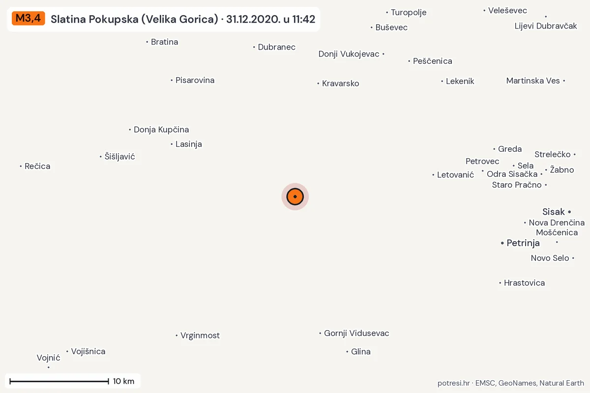 Karta: okolica epicentra, 60 km, potres M3,4, Slatina Pokupska (Velika Gorica), 31.12.2020.