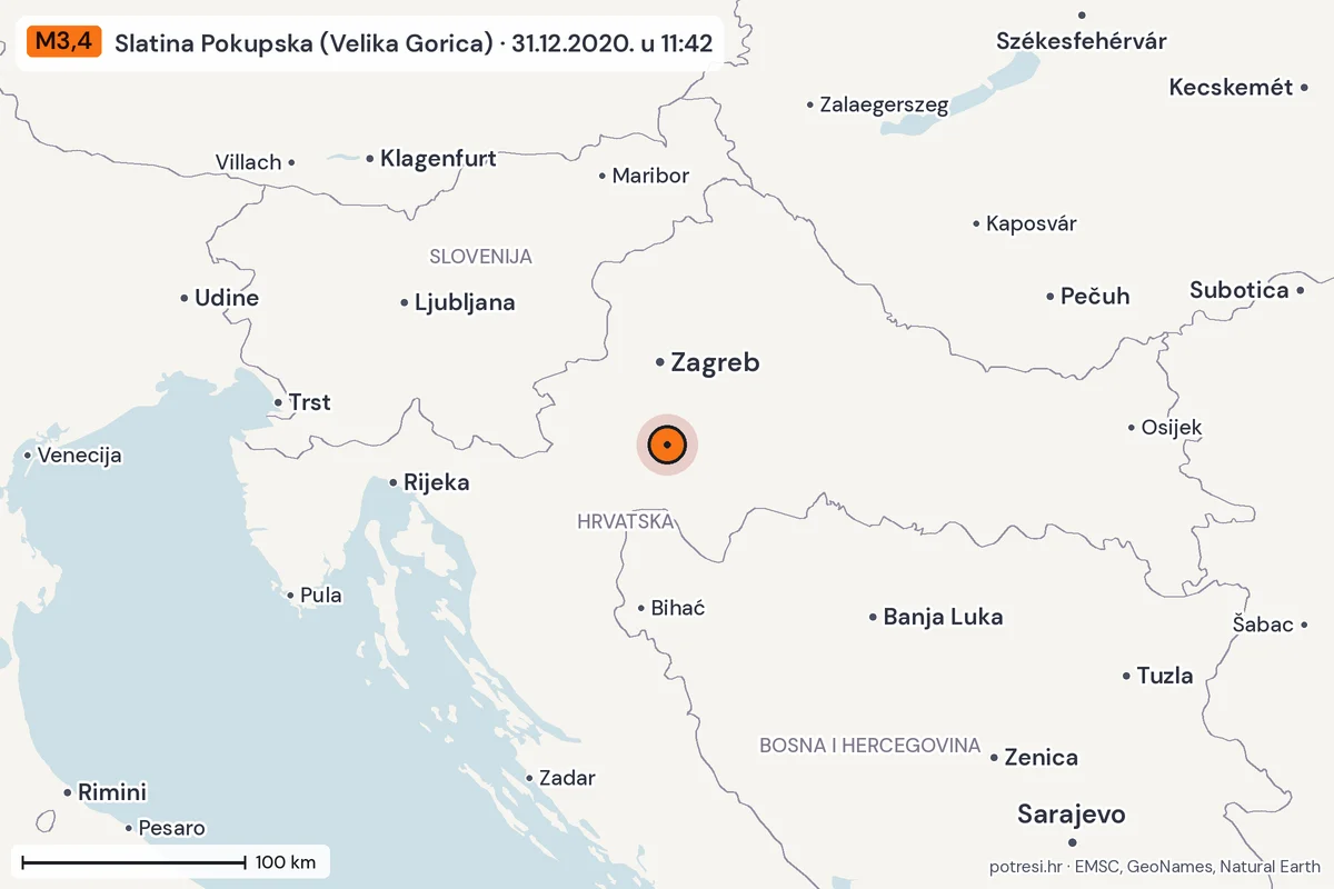 Karta: šire područje, 600 km, potres M3,4, Slatina Pokupska (Velika Gorica), 31.12.2020.
