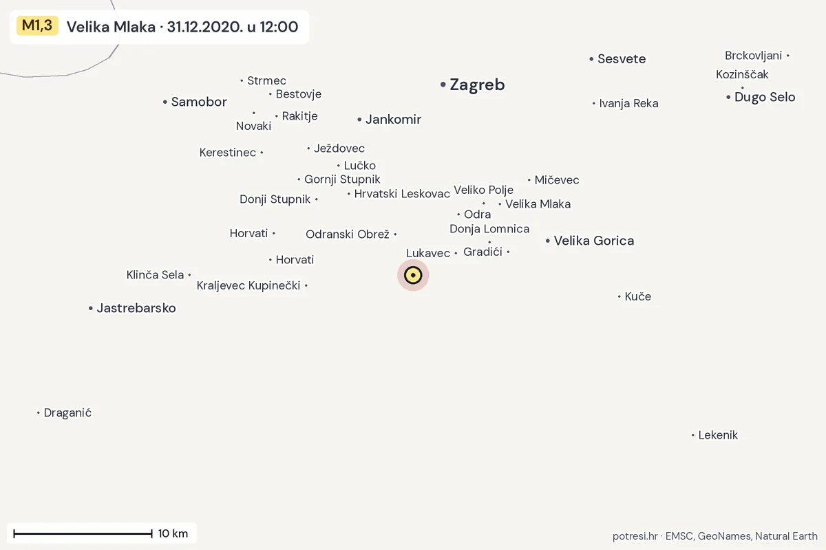 Karta: okolica epicentra, 60 km, potres M1,3, Velika Mlaka, 31.12.2020.