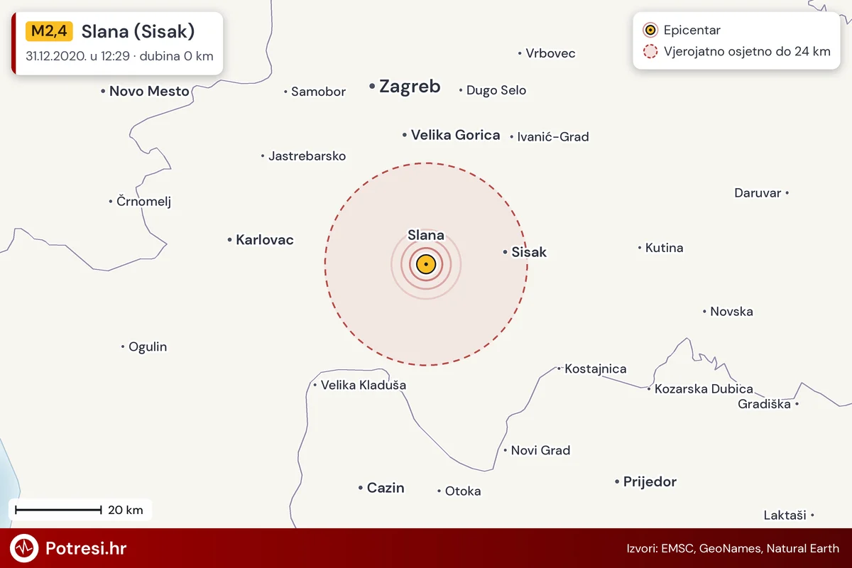 Karta: šire područje i vjerojatni doseg osjeta, potres M2,4, Slana (Sisak), 31.12.2020.