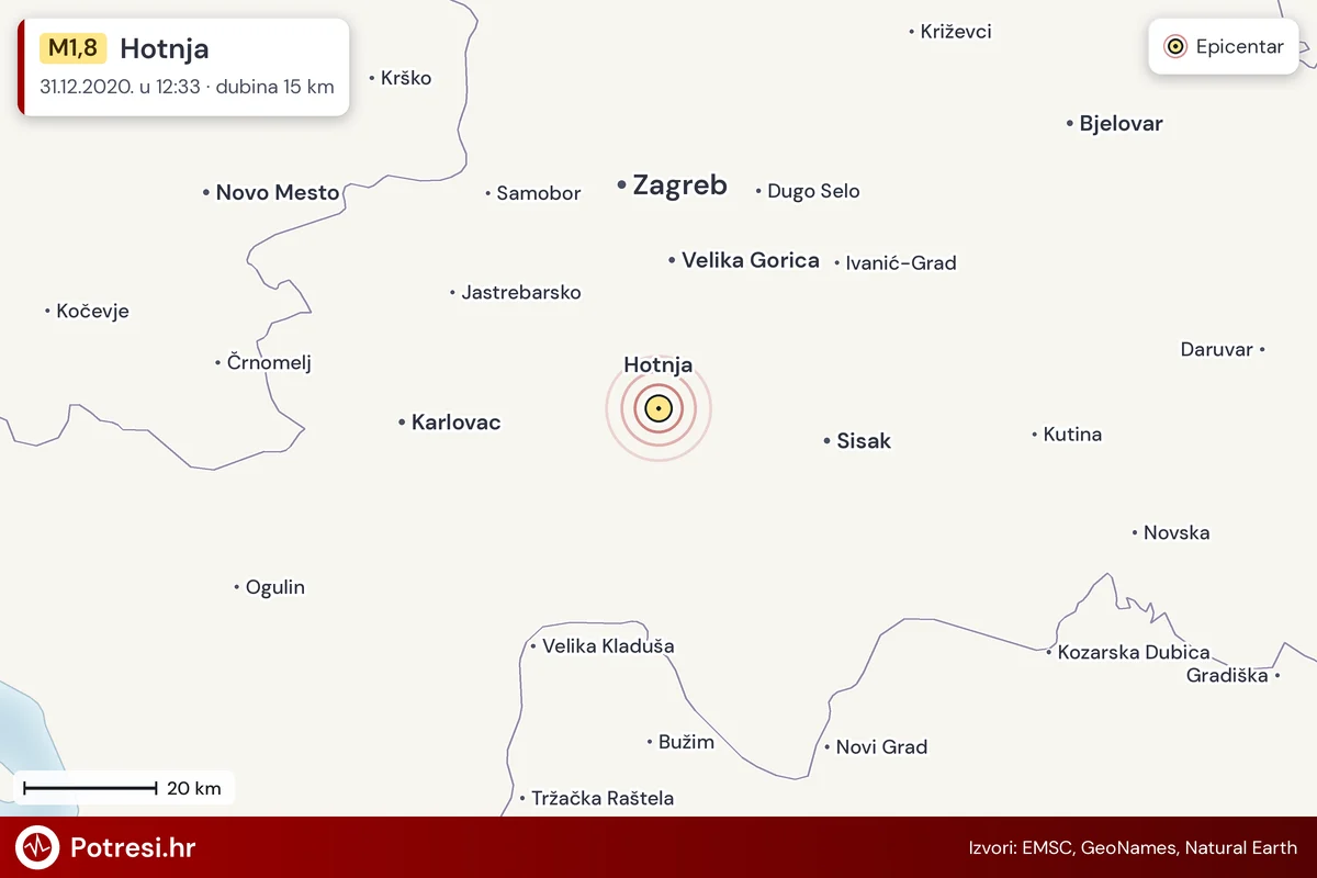 Karta: šire područje i vjerojatni doseg osjeta, potres M1,8, Hotnja, 31.12.2020.