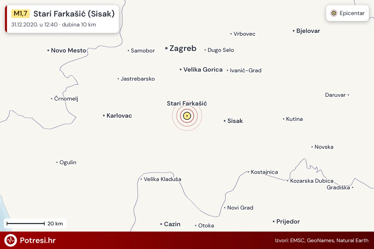 Karta: šire područje i vjerojatni doseg osjeta, potres M1,7, Stari Farkašić (Sisak), 31.12.2020.