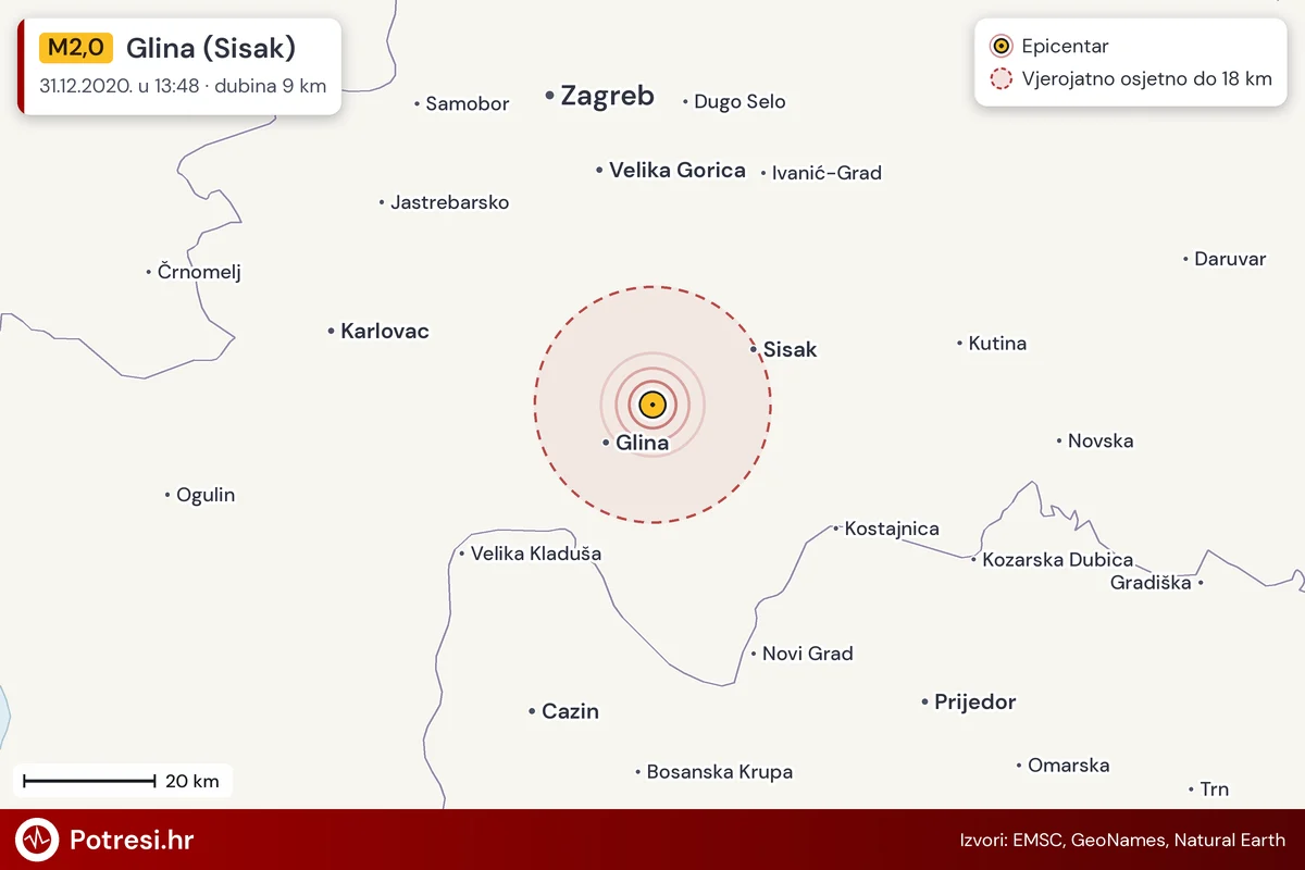 Karta: šire područje i vjerojatni doseg osjeta, potres M2,0, Glina (Sisak), 31.12.2020.
