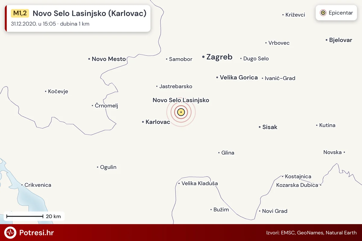 Karta: šire područje i vjerojatni doseg osjeta, potres M1,2, Novo Selo Lasinjsko (Karlovac), 31.12.2020.