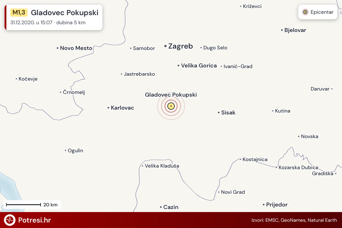Karta: šire područje i vjerojatni doseg osjeta, potres M1,3, Gladovec Pokupski, 31.12.2020.