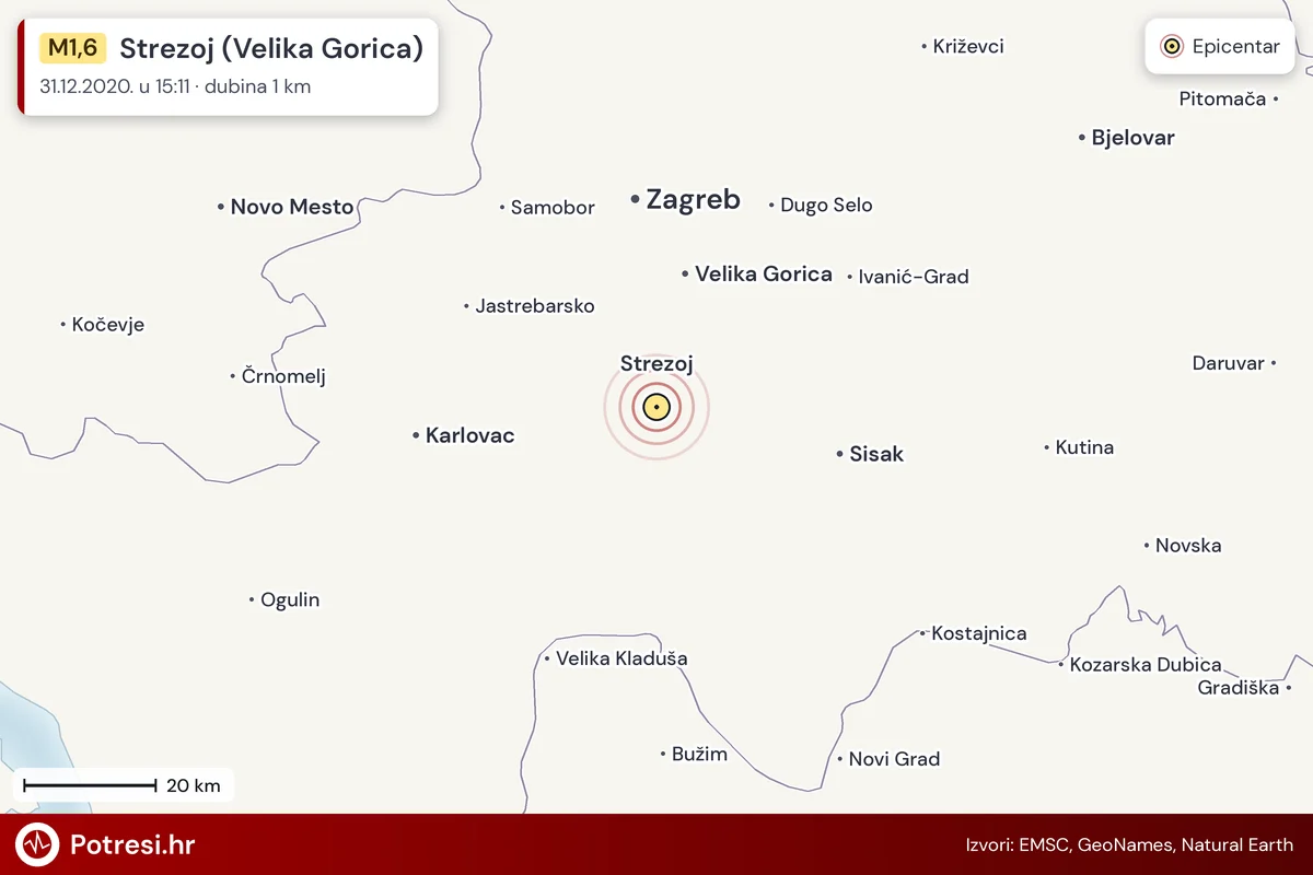 Karta: šire područje i vjerojatni doseg osjeta, potres M1,6, Strezoj (Velika Gorica), 31.12.2020.