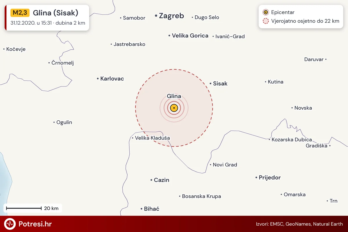 Karta: šire područje i vjerojatni doseg osjeta, potres M2,3, Glina (Sisak), 31.12.2020.