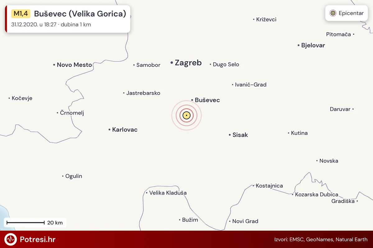 Karta: šire područje i vjerojatni doseg osjeta, potres M1,4, Buševec (Velika Gorica), 31.12.2020.