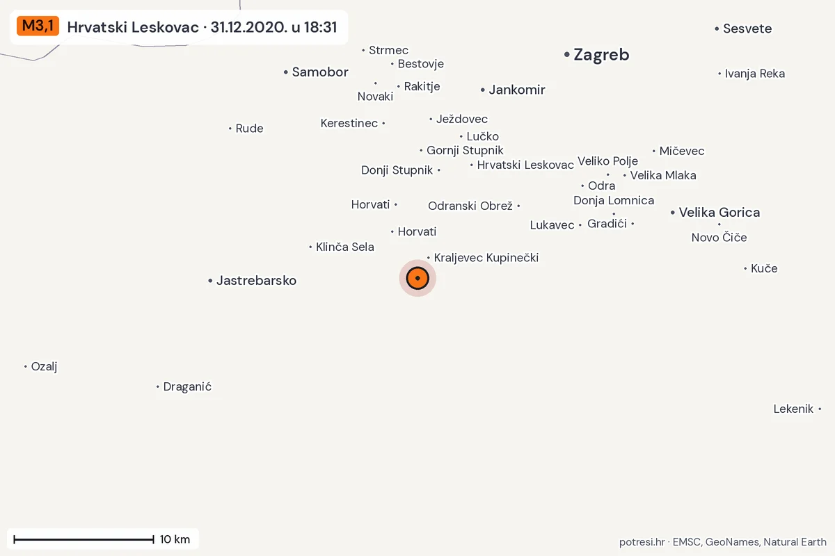 Karta: okolica epicentra, 60 km, potres M3,1, Hrvatski Leskovac, 31.12.2020.