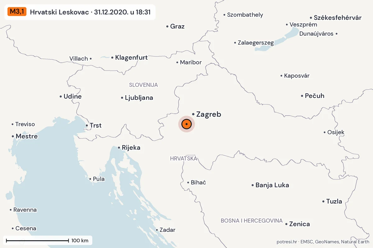 Karta: šire područje, 600 km, potres M3,1, Hrvatski Leskovac, 31.12.2020.