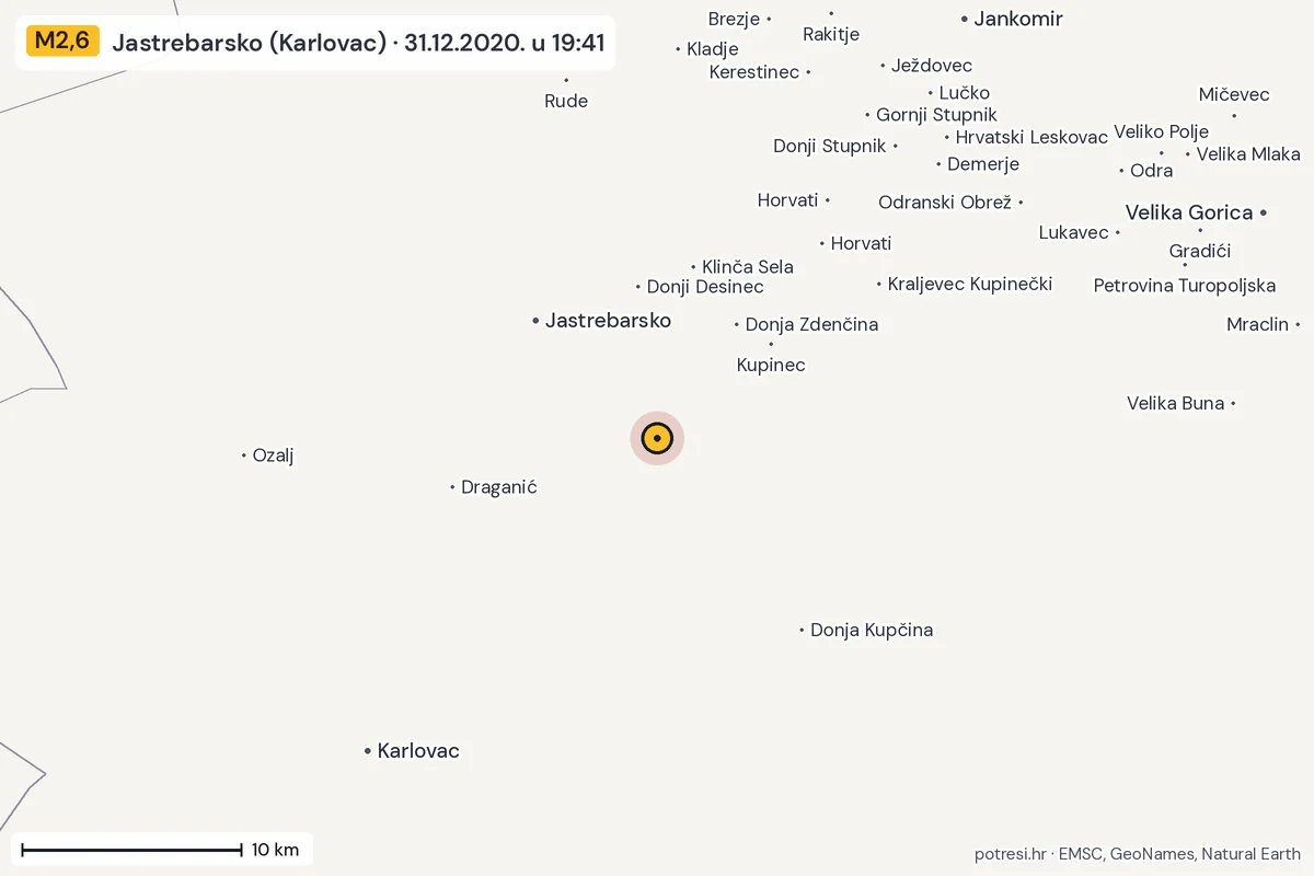 Karta: okolica epicentra, 60 km, potres M2,6, Jastrebarsko (Karlovac), 31.12.2020.