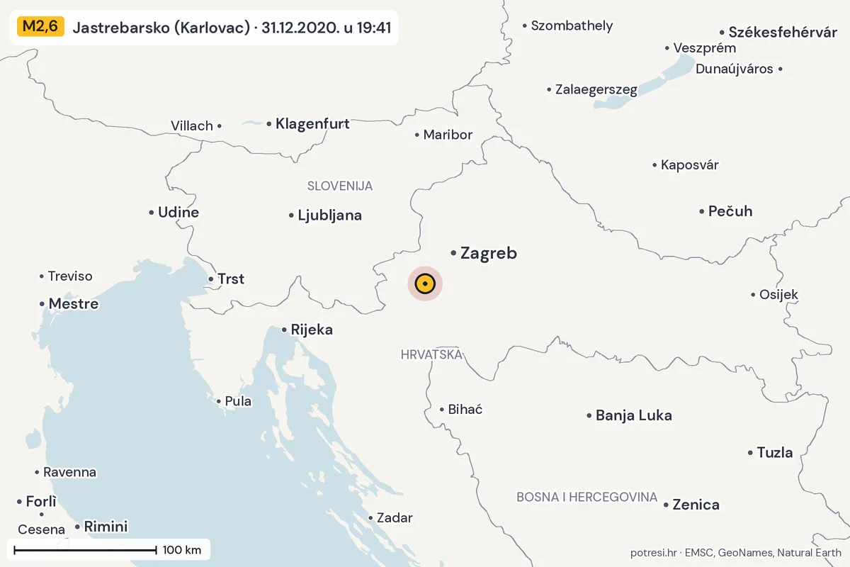 Karta: šire područje, 600 km, potres M2,6, Jastrebarsko (Karlovac), 31.12.2020.