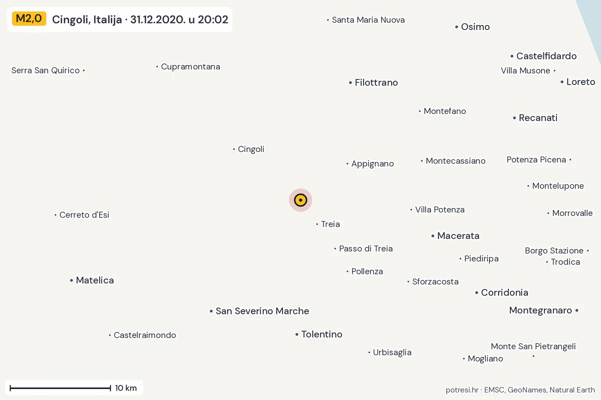 Karta: okolica epicentra, 60 km, potres M2,0, Cingoli, Italija, 31.12.2020.