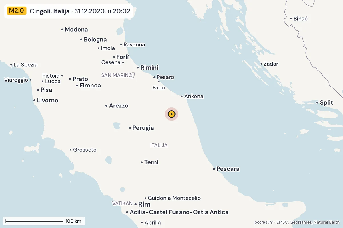 Karta: šire područje, 600 km, potres M2,0, Cingoli, Italija, 31.12.2020.