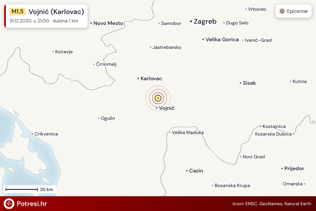 Karta: šire područje i vjerojatni doseg osjeta, potres M1,5, Vojnić (Karlovac), 31.12.2020.