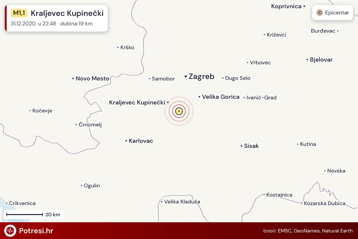 Karta: šire područje i vjerojatni doseg osjeta, potres M1,1, Kraljevec Kupinečki, 31.12.2020.