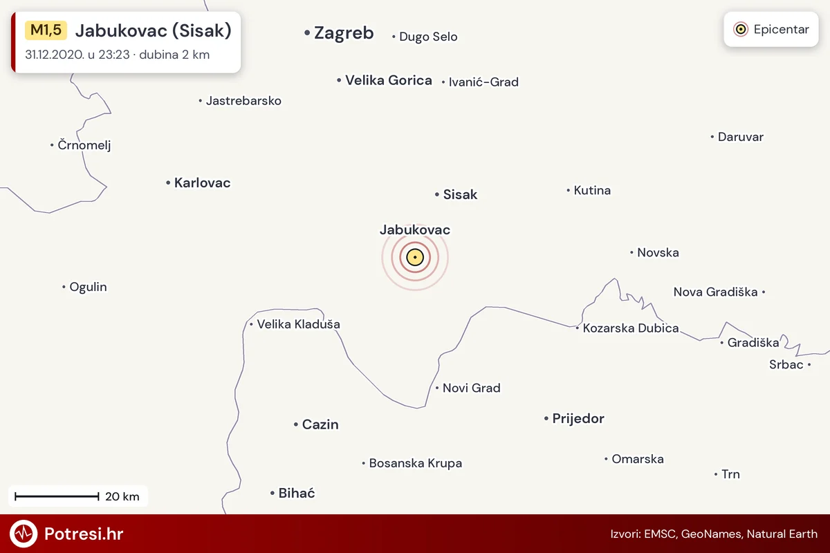 Karta: šire područje i vjerojatni doseg osjeta, potres M1,5, Jabukovac (Sisak), 31.12.2020.