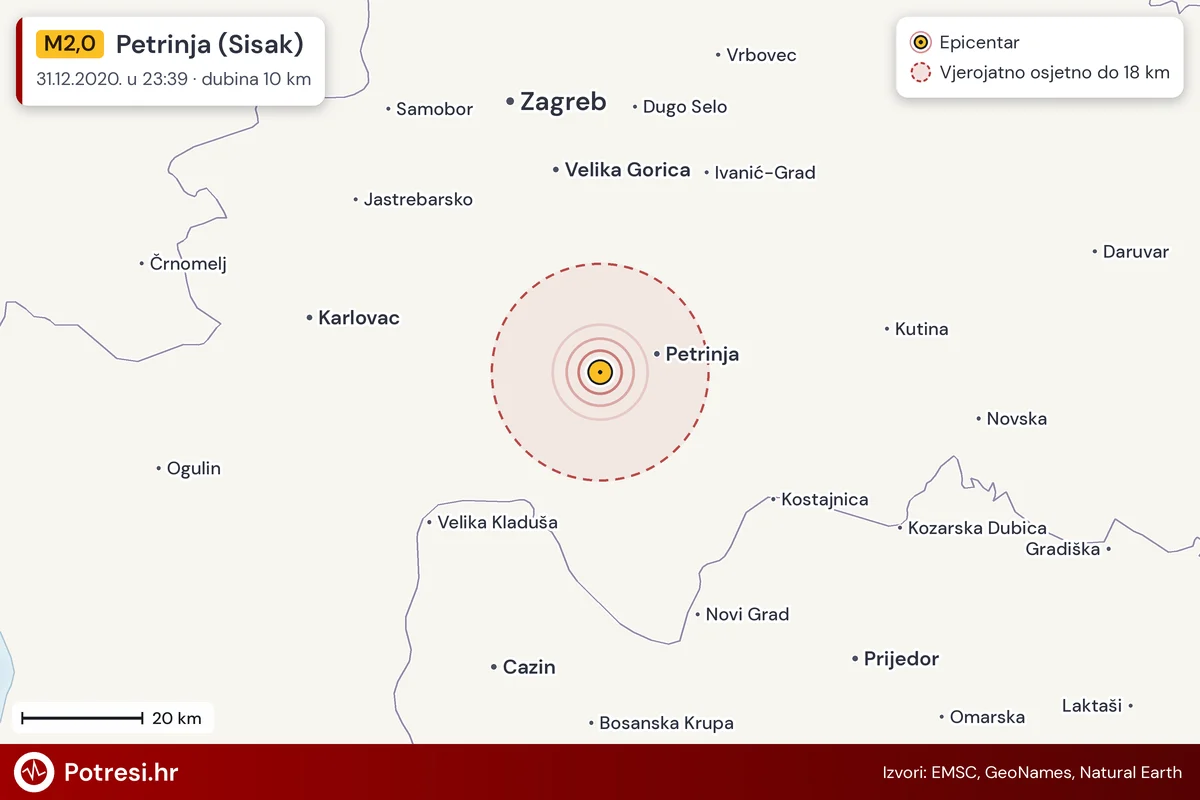 Karta: šire područje i vjerojatni doseg osjeta, potres M2,0, Petrinja (Sisak), 31.12.2020.