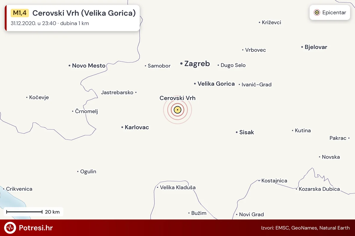 Karta: šire područje i vjerojatni doseg osjeta, potres M1,4, Cerovski Vrh (Velika Gorica), 31.12.2020.