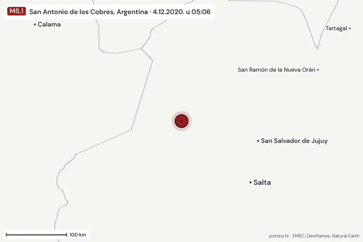 Karta: šire područje, 600 km, potres M5,1, San Antonio de los Cobres, Argentina, 4.12.2020.