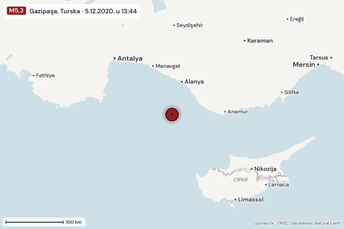 Karta: šire područje, 600 km, potres M5,3, Gazipaşa, Turska, 5.12.2020.