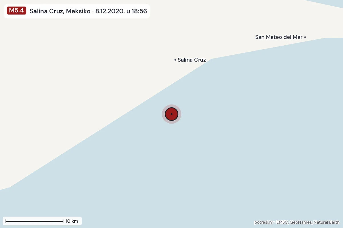 Karta: okolica epicentra, 60 km, potres M5,4, Salina Cruz, Meksiko, 8.12.2020.