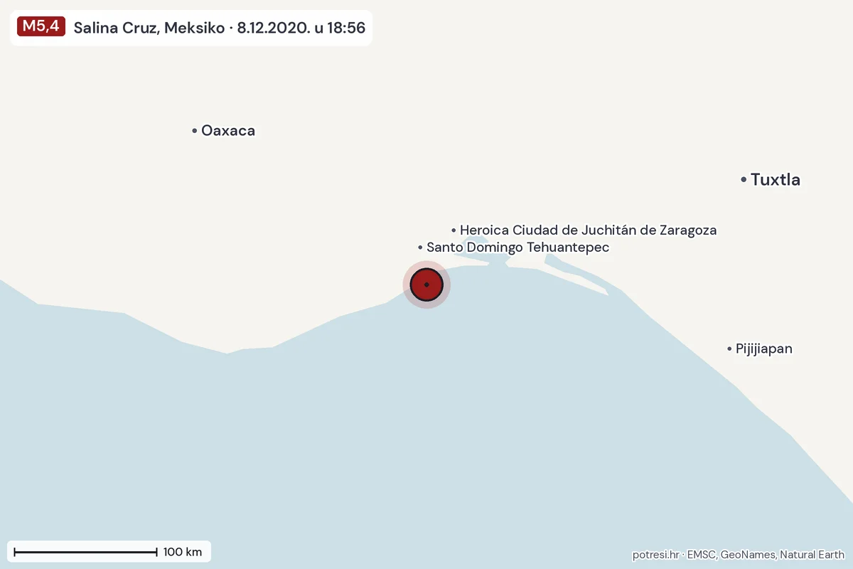 Karta: šire područje, 600 km, potres M5,4, Salina Cruz, Meksiko, 8.12.2020.