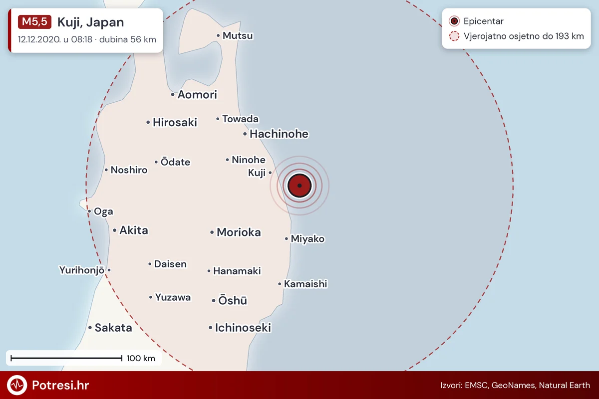 Karta: šire područje i vjerojatni doseg osjeta, potres M5,5, Kuji, Japan, 12.12.2020.