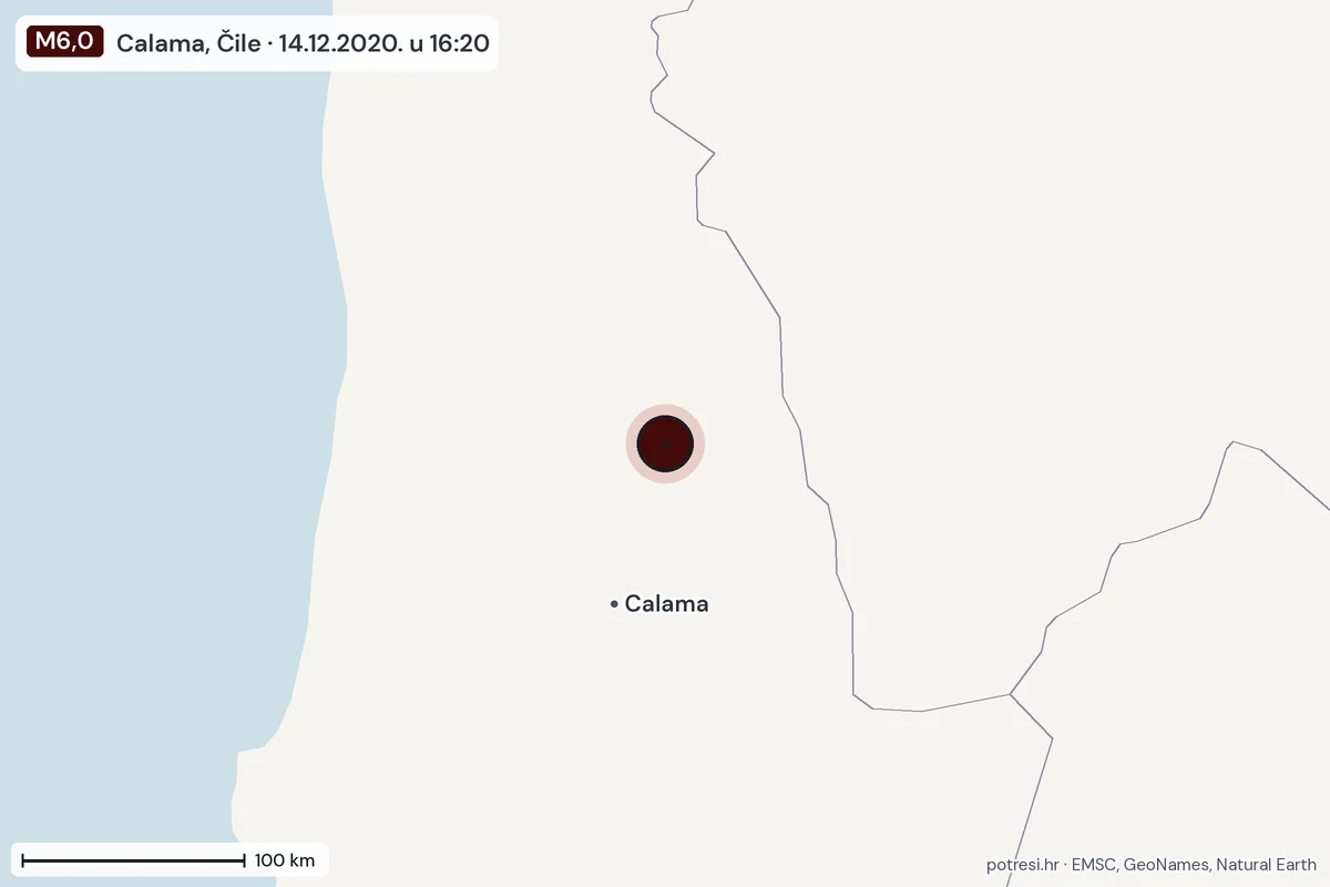 Karta: šire područje, 600 km, potres M6,0, Calama, Čile, 14.12.2020.