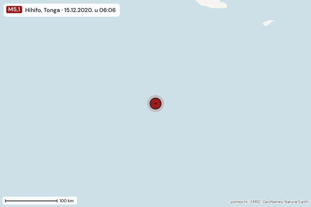 Karta: šire područje, 600 km, potres M5,1, Hihifo, Tonga, 15.12.2020.