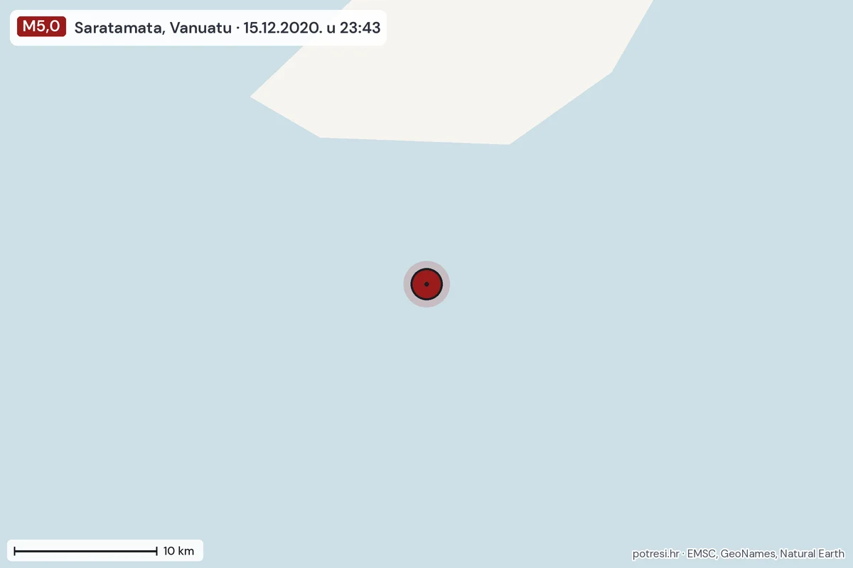 Karta: okolica epicentra, 60 km, potres M5,0, Saratamata, Vanuatu, 15.12.2020.