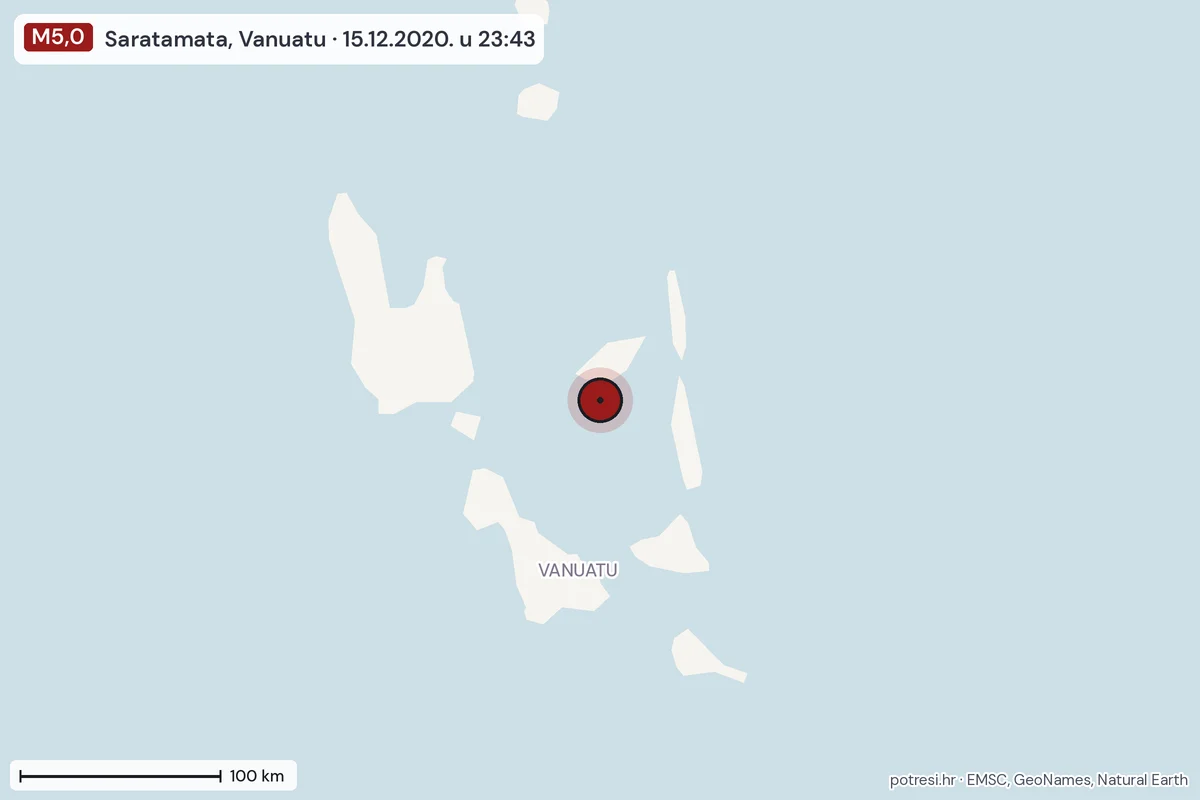 Karta: šire područje, 600 km, potres M5,0, Saratamata, Vanuatu, 15.12.2020.