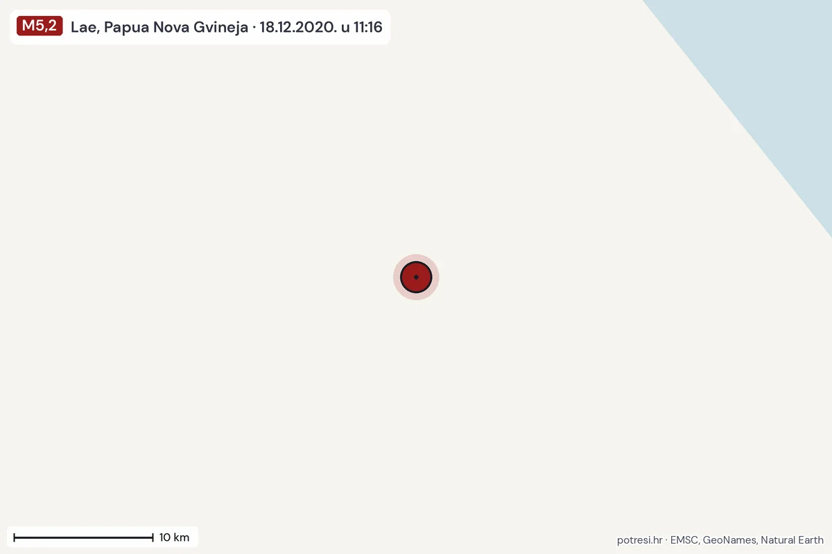 Karta: okolica epicentra, 60 km, potres M5,2, Lae, Papua Nova Gvineja, 18.12.2020.
