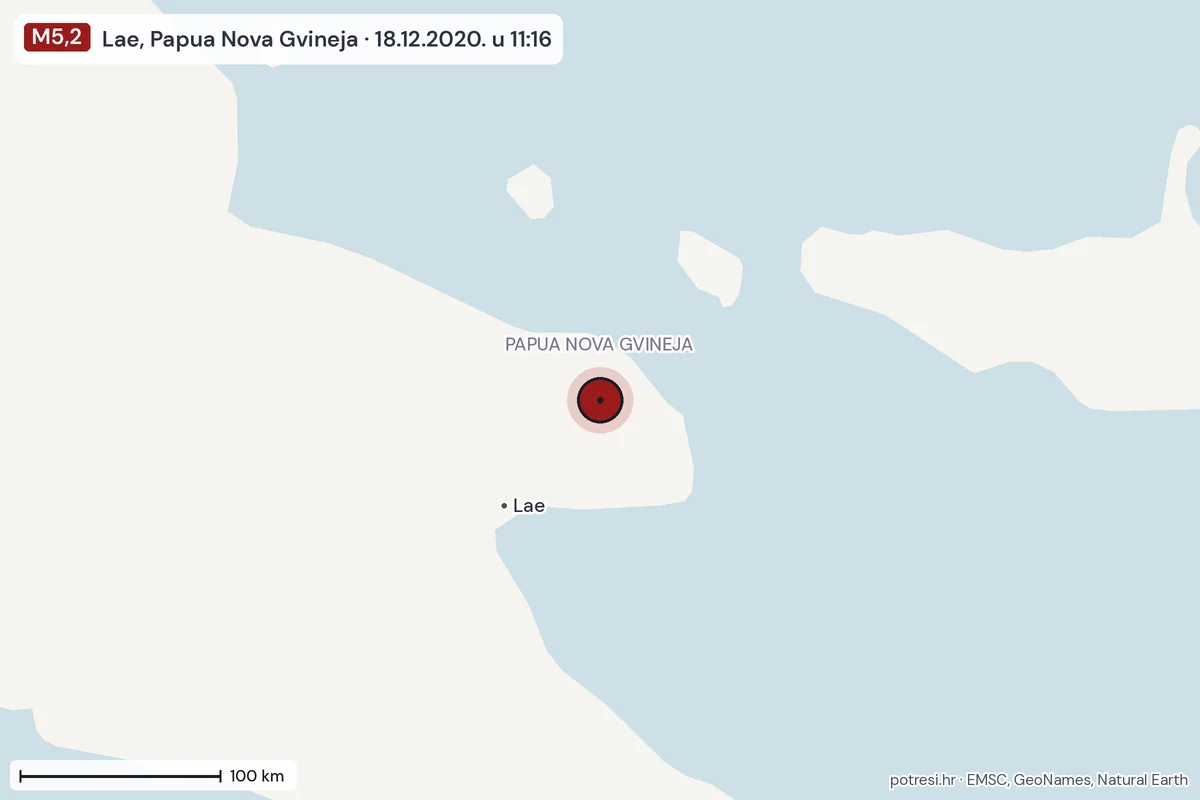 Karta: šire područje, 600 km, potres M5,2, Lae, Papua Nova Gvineja, 18.12.2020.