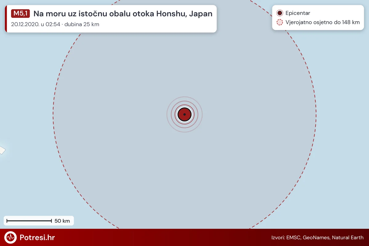 Karta: šire područje i vjerojatni doseg osjeta, potres M5,1, Na moru uz istočnu obalu otoka Honshu, Japan, 20.12.2020.