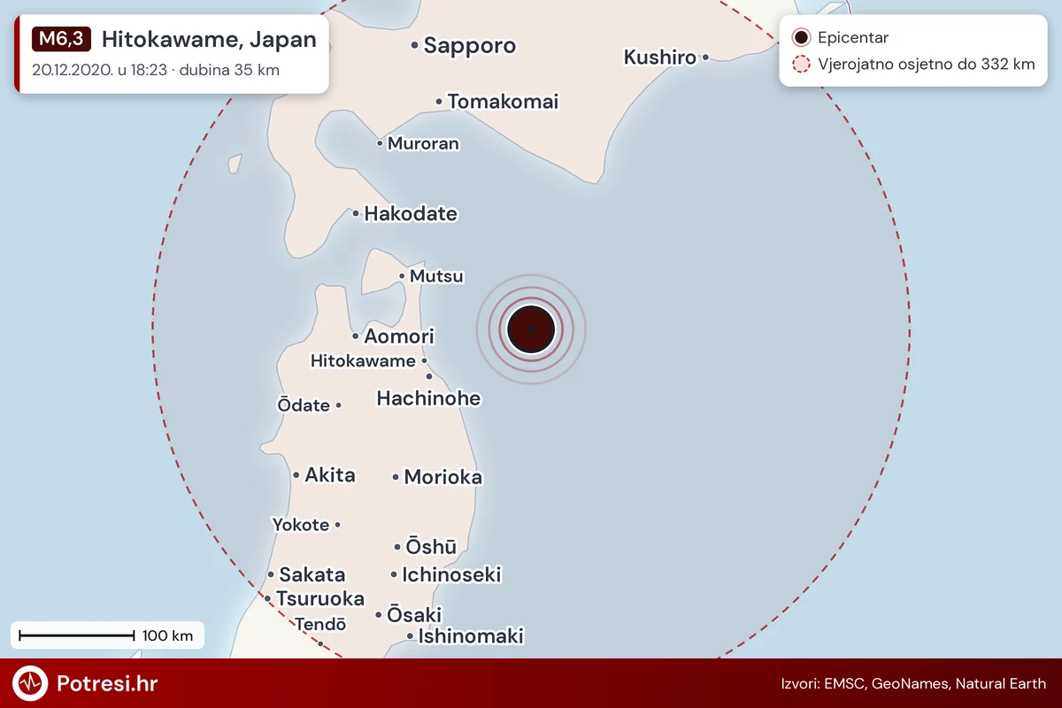 Karta: šire područje i vjerojatni doseg osjeta, potres M6,3, Hitokawame, Japan, 20.12.2020.