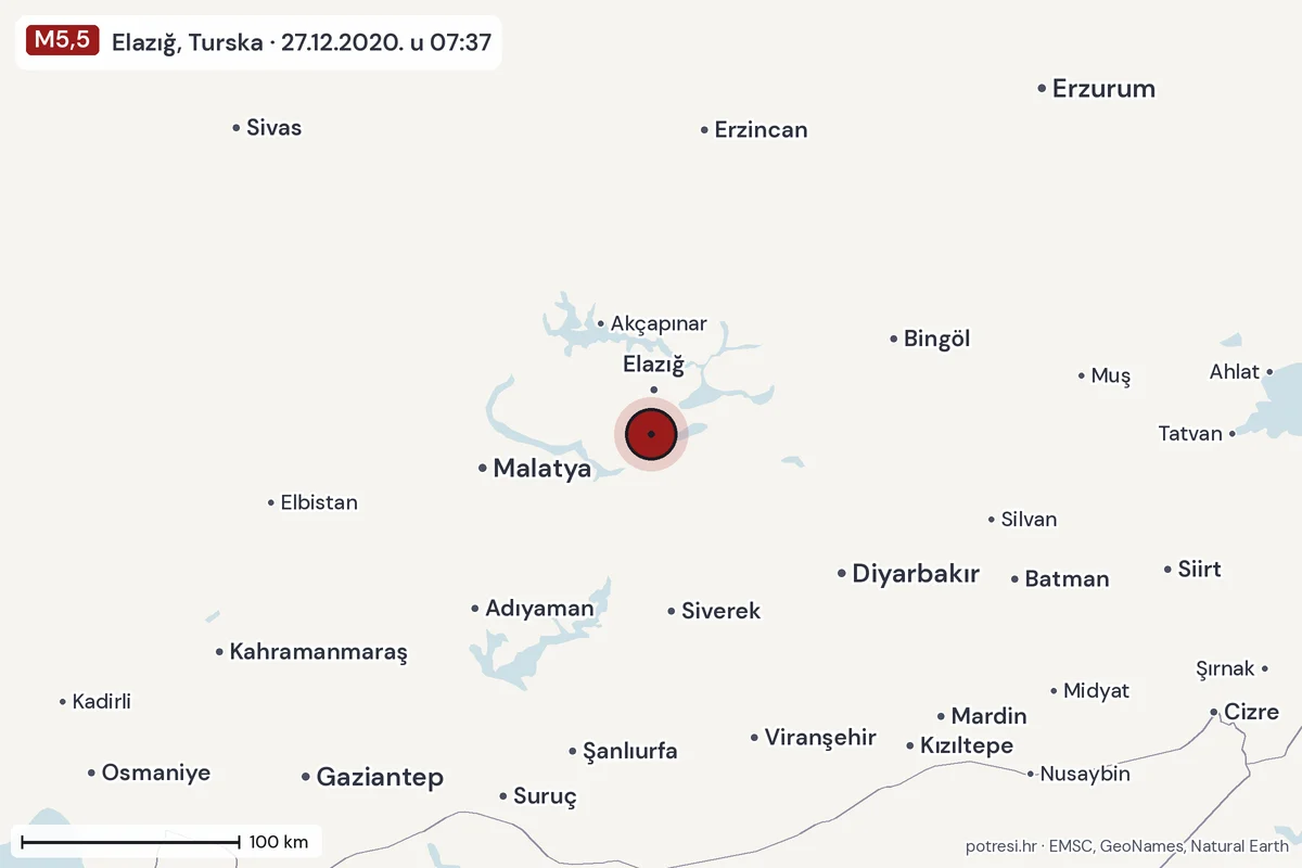 Karta: šire područje, 600 km, potres M5,5, Elazığ, Turska, 27.12.2020.