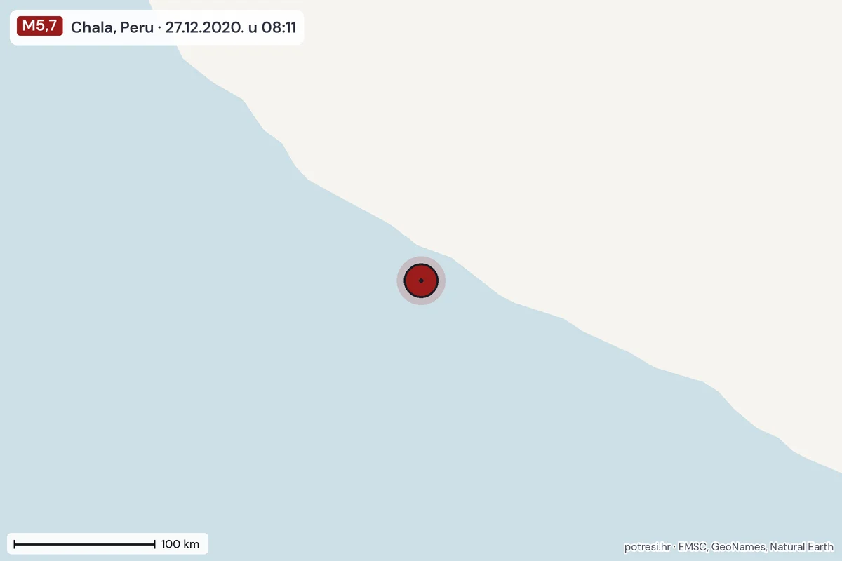 Karta: šire područje, 600 km, potres M5,7, Chala, Peru, 27.12.2020.