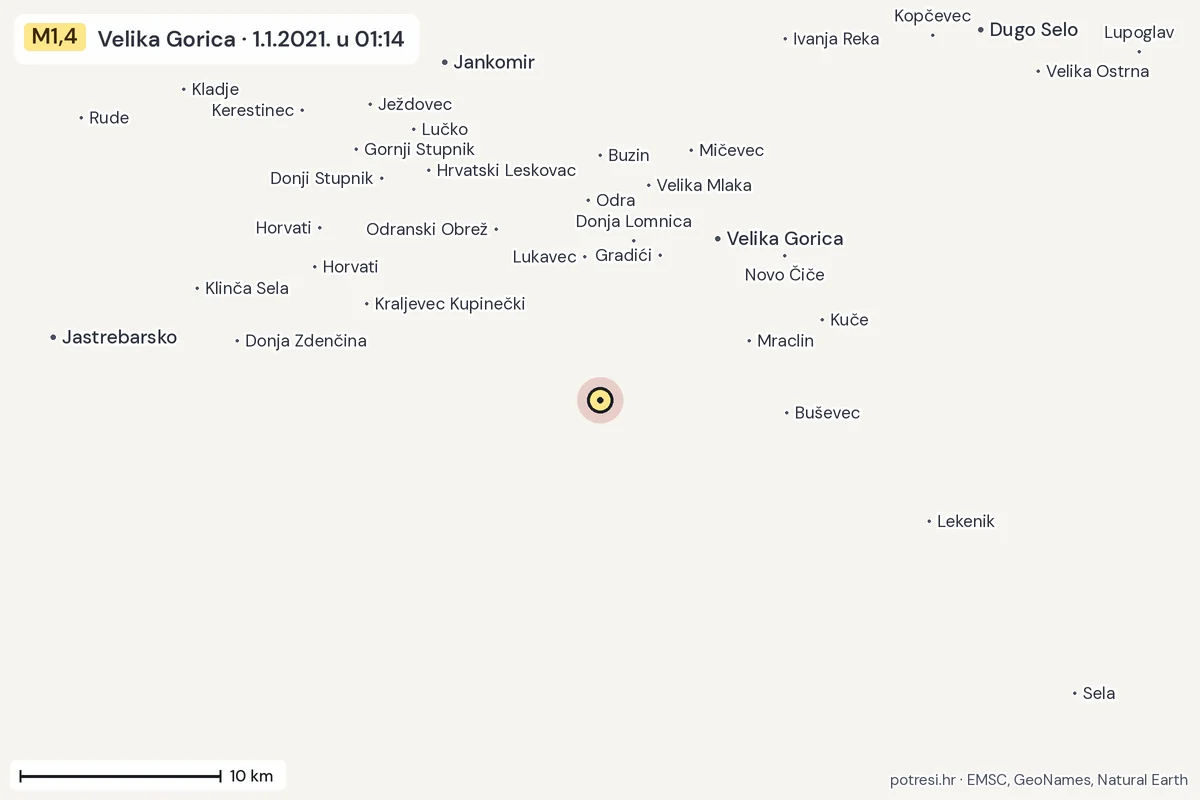 Karta: okolica epicentra, 60 km, potres M1,4, Velika Gorica, 1.1.2021.