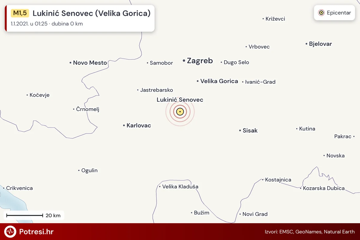 Karta: šire područje i vjerojatni doseg osjeta, potres M1,5, Lukinić Senovec (Velika Gorica), 1.1.2021.