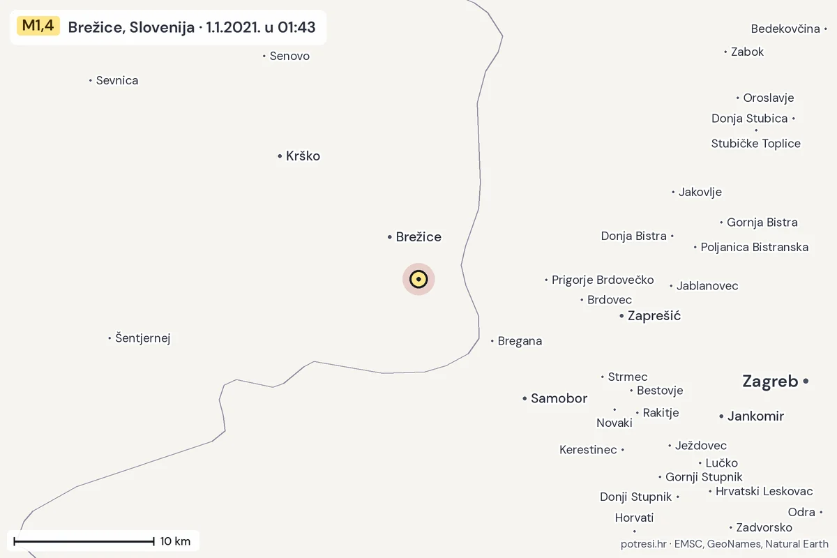 Karta: okolica epicentra, 60 km, potres M1,4, Brežice, Slovenija, 1.1.2021.