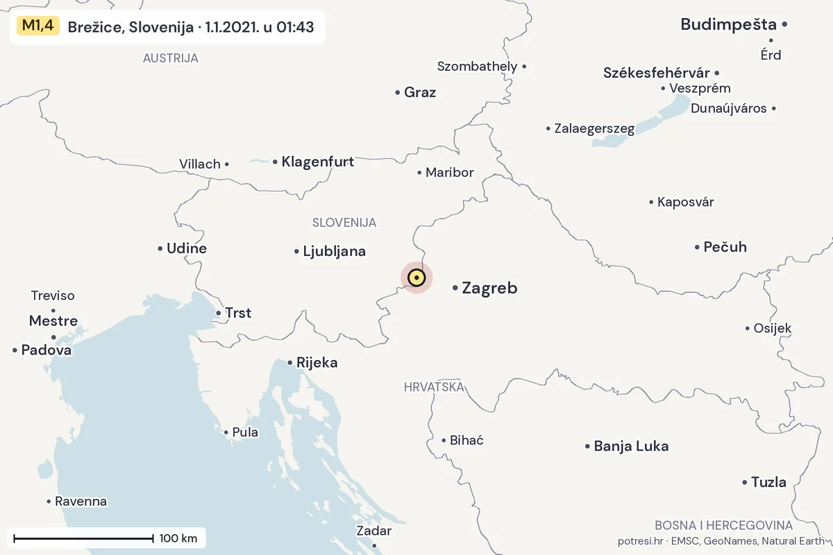 Karta: šire područje, 600 km, potres M1,4, Brežice, Slovenija, 1.1.2021.