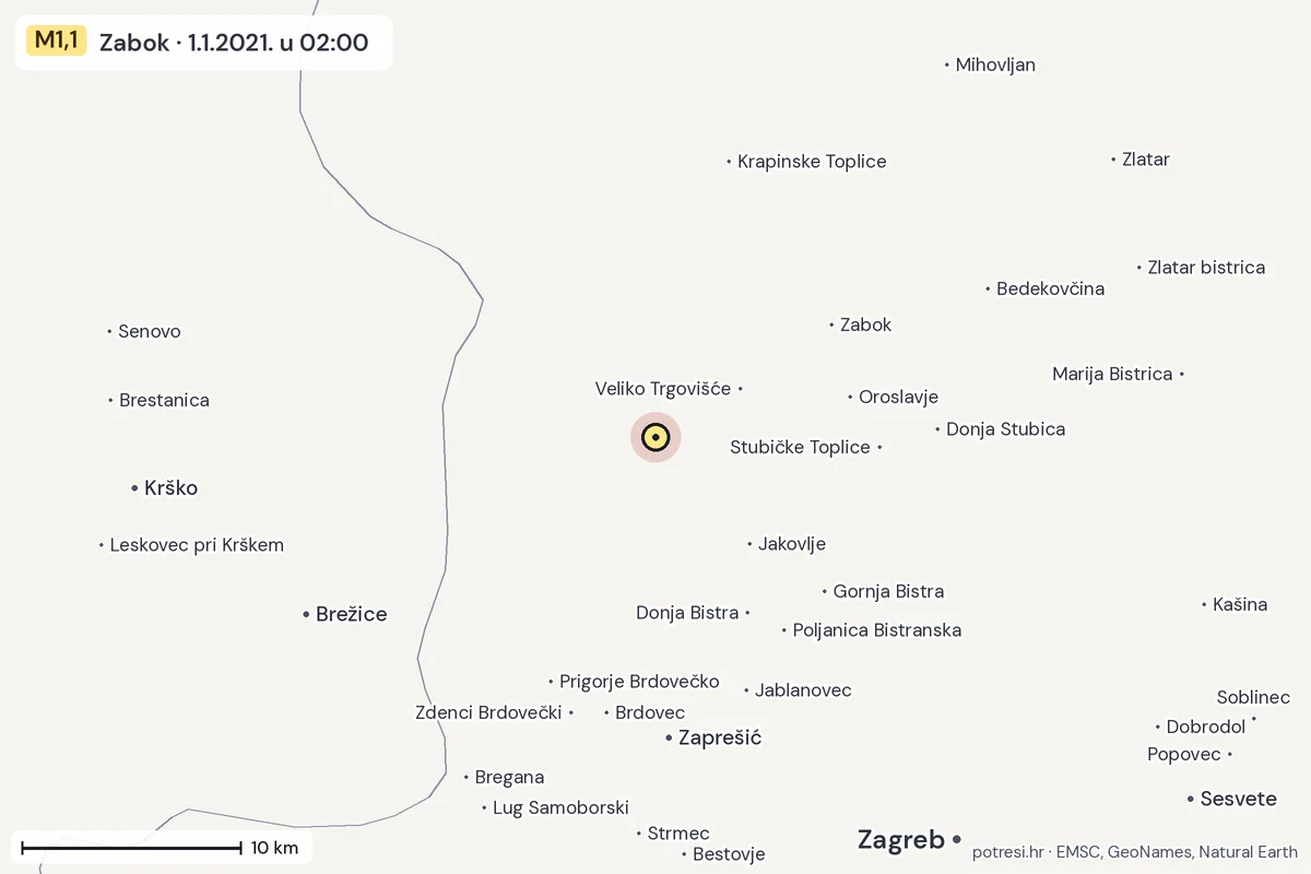 Karta: okolica epicentra, 60 km, potres M1,1, Zabok, 1.1.2021.
