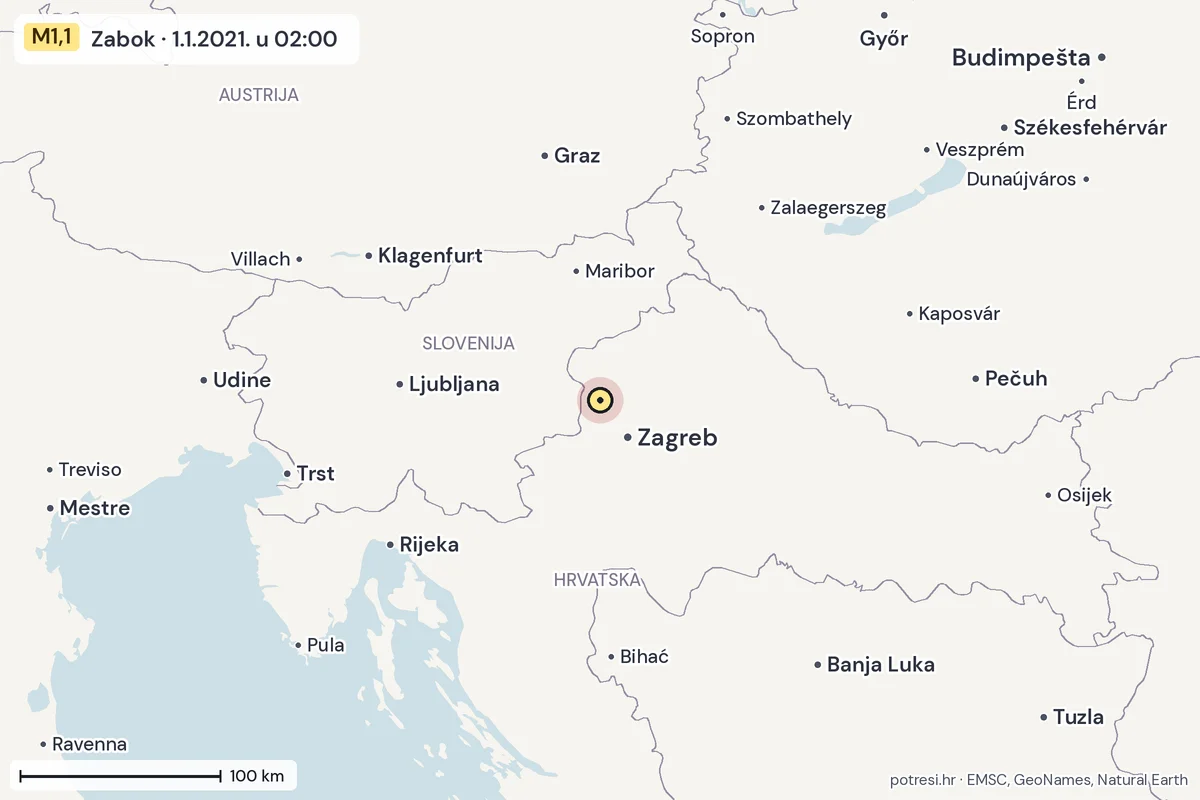 Karta: šire područje, 600 km, potres M1,1, Zabok, 1.1.2021.