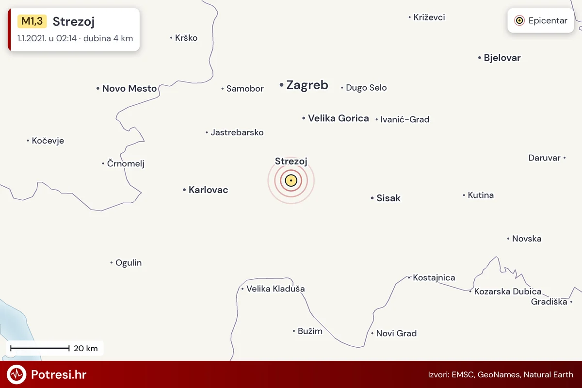 Karta: šire područje i vjerojatni doseg osjeta, potres M1,3, Strezoj, 1.1.2021.