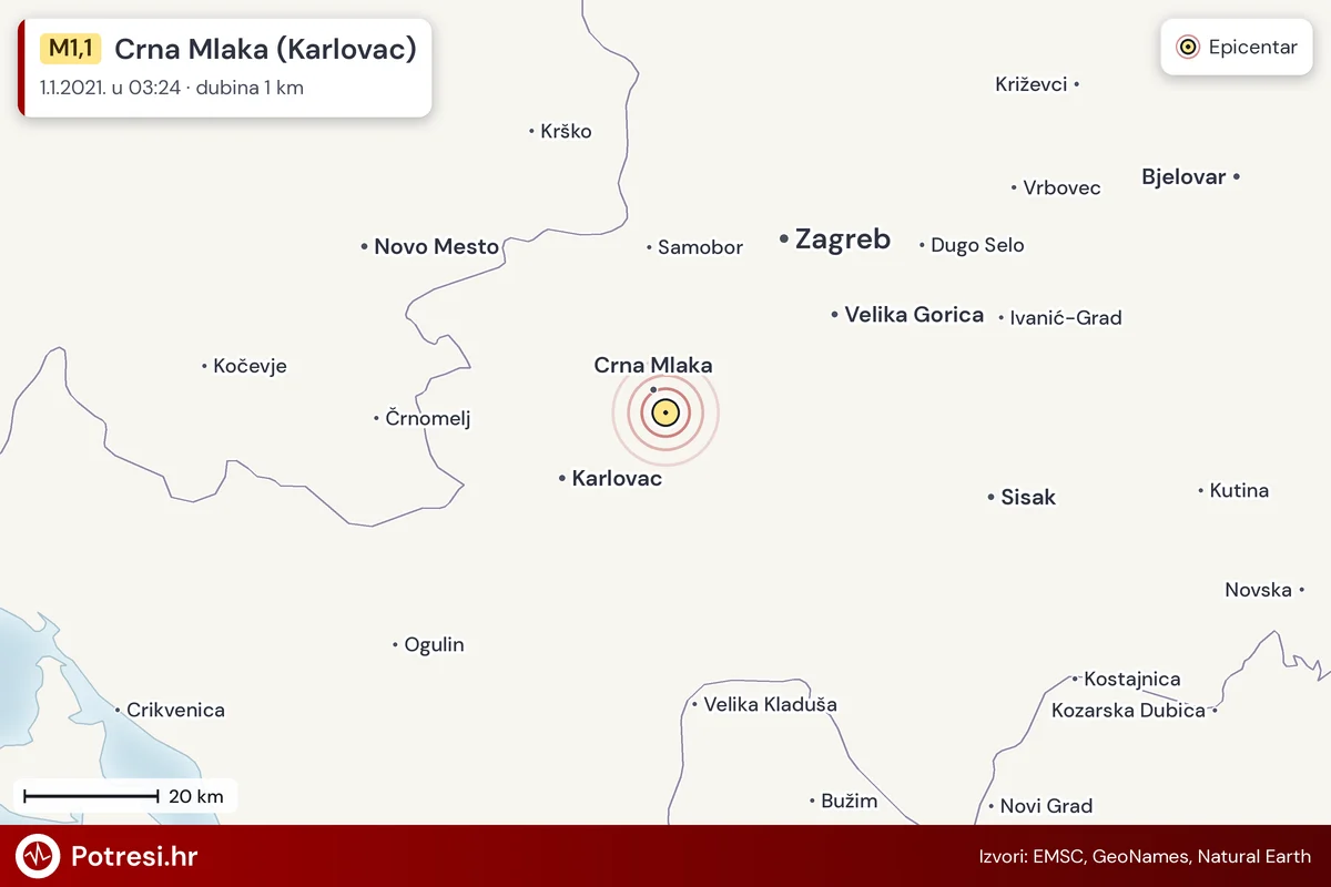 Karta: šire područje i vjerojatni doseg osjeta, potres M1,1, Crna Mlaka (Karlovac), 1.1.2021.
